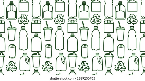 Ecología sin fisuras con pictogramas de pequeños envases de bebidas. Iconos lineales. Ilustración vectorial. El concepto de basura cero. Reducir, rechazar, reciclar. Estilo de vida verde. Para impresión, papel pintado, textil, diseño