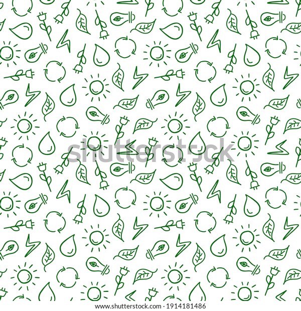 Ecology seamless pattern\
with small eco icons. Great for printing, packaging. Vector\
illustration.