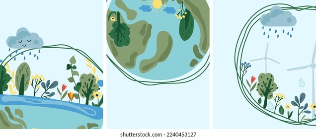 Ecology is a serious problem of humanity. The concept of saving the planet, environmental ecology, lifestyle. Nature as a source of energy. Minimalist illustrations suitable for social posters, cards.