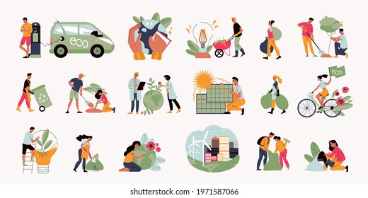 Ecology Set With Alternative Sources Of Energy And People Taking Care Of Environment Isolated On White Background Vector Illustration
