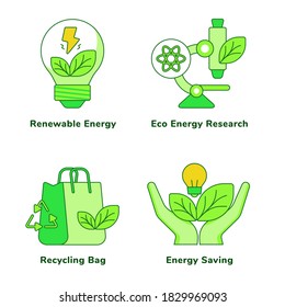 Ecology set collection renewable energy eco energy research recycling bag energy saving white isolated background with green theme flat outline style