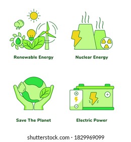 Ecology set collection renewable energy nuclear energy save the planet electric power white isolated background with green theme flat outline style