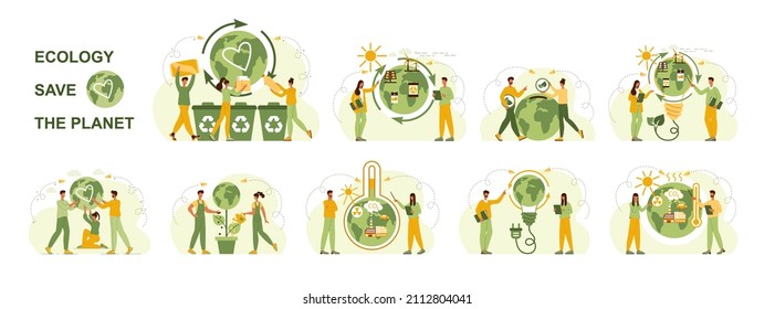 Ecology set. Concept eco, save planet, waste sorting, global warming, climate change, alternative energy - solar battery, windmill. Save the environment and planet earth. Flat vector illustration
