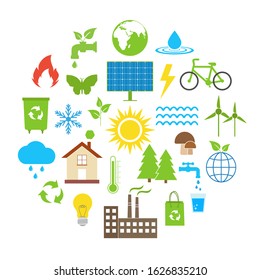 Ecology set of eco technology, renewable energy, environmental protection, sustainable development, nature conservation, climate change and global warming symbols on a white background