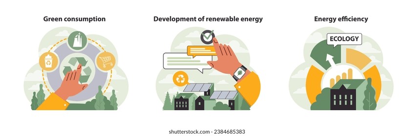 Ecology set. Engaging with green consumption, harnessing renewable energy, and driving energy efficiency. Hand interacts, sustainable choices, eco actions. Flat vector illustration.