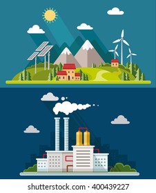 Ecology set. Environment, green energy. Eco life, emissions, nature pollution concept. Flat style vector illustration