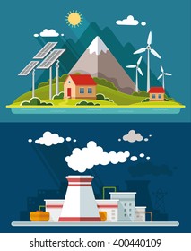 Ecology set. Environment, green energy. Eco life, emissions, nature pollution concept. Flat style vector illustration