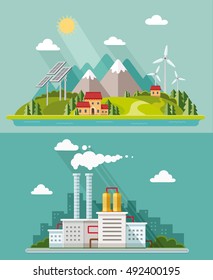 Ecology set. Environmental conservation concept. Plants, oil industry, factory, nuclear stations. Flat style vector illustration
