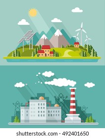 Ecology set. Environmental conservation concept. Plants, oil industry, factory, nuclear stations. Flat style vector illustration