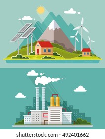 Ecology set. Environmental conservation concept. Plants, oil industry, factory, nuclear stations. Flat style vector illustration