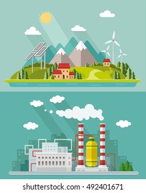 Ecology set. Environmental conservation concept. Plants, oil industry, factory, nuclear stations. Flat style vector illustration