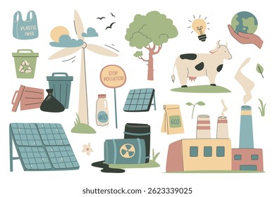 Ecology set in flat graphic design. Collection isolated elements of bag plastic free, recycling waste, solar panel, wind turbine, forest tree, local farm, support earth, other. Vector illustration.