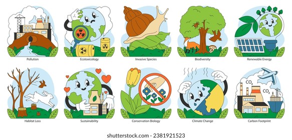 Ecology set. Human influence. Environment pollution, ecotoxicology and invasive species threats. Climate change impact. Biodiversity, renewable energy, sustainability. Flat vector illustration