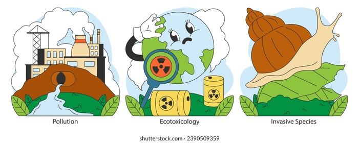 Ecology set. Human influence. Environment pollution, ecotoxicology and invasive species threats. Climate change impact. Biodiversity, renewable energy, sustainability. Flat vector illustration