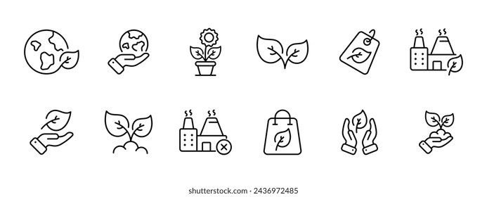 Ecology set icon. Ecology, caring for the planet, growing plants, nature, eco friendly industry, banning plants, seeds, protecting herb. Vector line icon on white background.