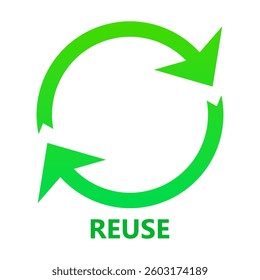 Ecology set icon. Circular arrows with reuse label illustrate repeat usage, sustainable product cycle, environmental protection, zero waste principle.