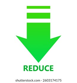 Ecology set icon. Downward arrow with text reduce reflects environmental action, waste management, sustainable practice, eco-friendly consumption.