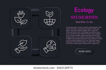 Ecology set icon. Earth, plant, nature, hand, ecological food, charging cable, solar panel, solar energy, neomorphism, natural product, biofuel, sprout. Environment care concept.