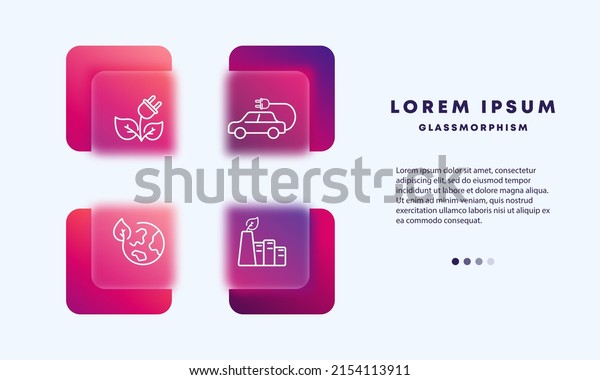 Ecology set icon. Flower with rosette, plant,\
electric car, planet with leaf. Environmentally friendly plant.\
Green energy concept. Glassmorphism style. Vector line icon for\
Business and\
Advertising