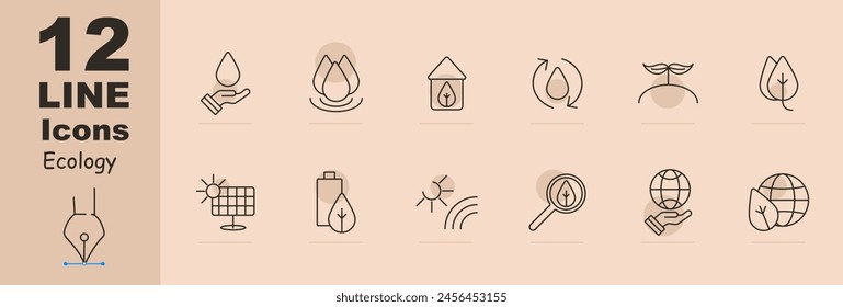 Ecology set icon. Hand, water, drop, aqua, water cycle, sprout, growth, petal, foliage, battery, sun rays, solar panels, magnifying glass, world. Environment care concept.