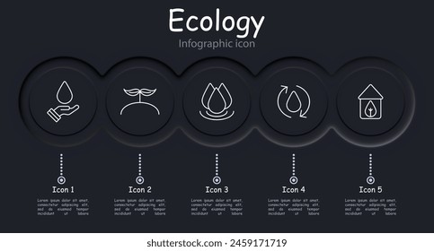 Ecology set icon. Hand, water, drop, aqua, water cycle, sprout, growth, petal, foliage, infographic, neomorphism, magnifying glass, house, world. Environment care concept.