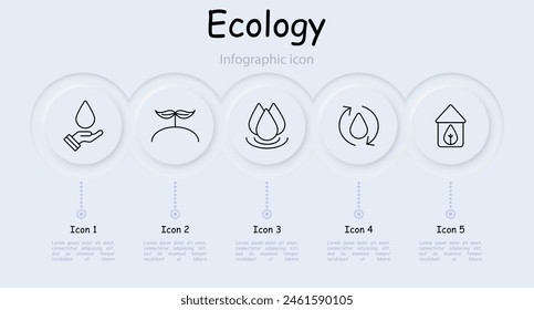 Ecology set icon. Hand, water, drop, aqua, water cycle, sprout, growth, petal, foliage, infographic, neomorphism, magnifying glass, house, world. Environment care concept.