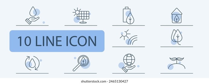 Ecology set icon. Hand, water, drop, aqua, water cycle, sprout, growth, petal, foliage, battery, sun rays, solar panels, magnifying glass, world. Environment care concept.