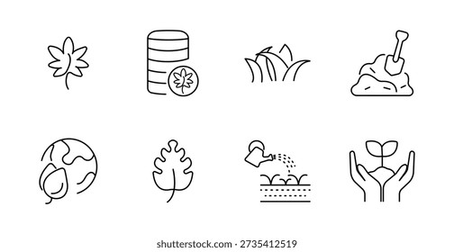 Ecology set icon. Leaf, coin stack, grass, soil with shovel, globe, large leaf, watering can, hands with sprout shown in environmental theme.