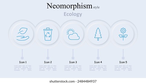 Ecology set icon. Leaf hand, recycling bin, sun and cloud, tree, flower, environment, nature, sustainability, conservation, green living
