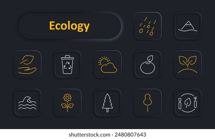 Ecology set icon. Leaf, recycling bin, sun, tree, ocean, eco-friendly, apple, landscape, flower, sustainability. Environment, nature conservation, green living concept.