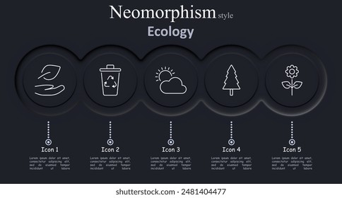 Ecology set icon. Leaf, recycling bin, sun, tree, flower, nature, environment, sustainability, waste, renewable, energy, forest, plant, growth, conservation.