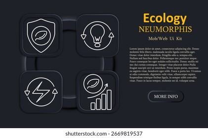 Symbol für Ökologiesatz. Blatt Schild, Glühbirne mit Pfeilen, Energie-Symbol, Blatt mit Diagramm in pneumorphem Umriss Stil für grüne Technologie, Umweltschutz, Nachhaltigkeit UI