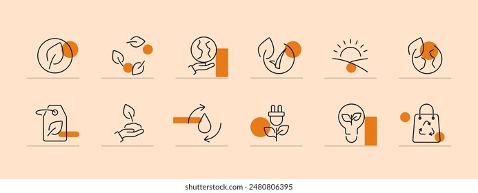 Ecology set icon. Leaf, water cycle, eco plug, globe, sunrise, recycling, eco tag, hand with leaf, eco light bulb, reusable bag, green earth. Environmental conservation and sustainability concept.