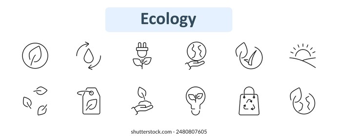 Ecology set icon. Leaf, water cycle, eco plug, globe, sunrise, recycling, eco tag, hand with leaf, eco light bulb, reusable bag, green earth. Environmental conservation and sustainability concept.