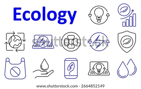 Ecology set icon. Lightbulb, energy symbol, globe, leaf, bar graph, recycling arrows, eco shield, water drop, fan, reusable bag, eco label, electric laptop, sustainable power.