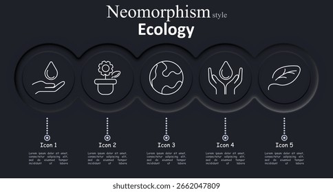 Ecology set icon. Outlined hand with water drop, flowerpot, planet, hands holding water, and leaf icon arranged in neumorphism style on dark background