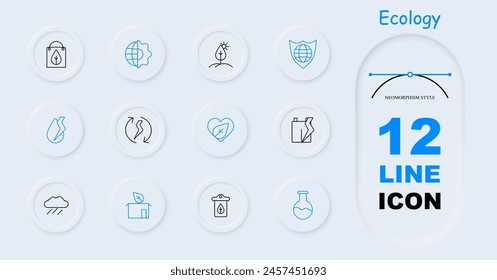 Ecology set icon. Package, sprout, foliage, plastic recycling, symbiosis of nature and man, earth, flask, moly, rain, cycle, conversion, neomorphism, protecting planet. Environment care concept.