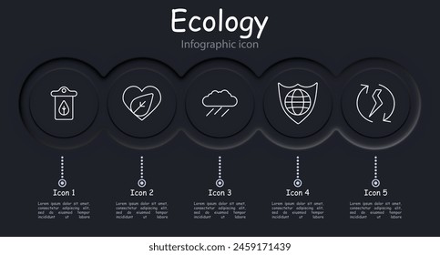 Ecology set icon. Package, sprout, foliage, plastic recycling, symbiosis of nature and man, earth, infographic, rain, conversion, shield, protecting planet, neomorphism. Environment care concept.