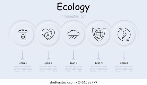 Ecology set icon. Package, sprout, foliage, plastic recycling, symbiosis of nature and man, earth, infographic, rain, conversion, shield, protecting planet, neomorphism. Environment care concept.
