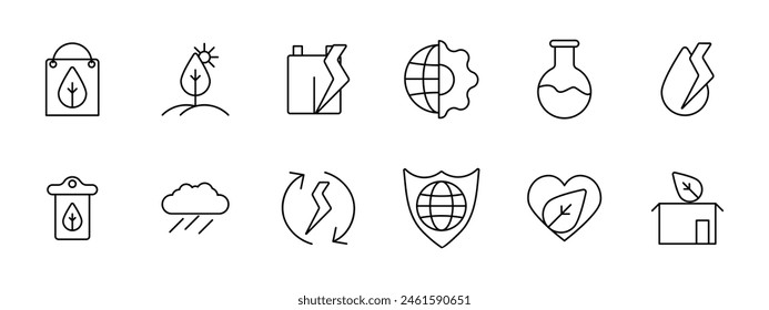 Icono de conjunto ecológico. Paquete, brote, follaje, reciclaje de plástico, simbiosis de la naturaleza y el hombre, tierra, matraz, moho, lluvia, ciclo, conversión, escudo, proteger el planeta, corazón. Concepto de cuidado del medio ambiente.