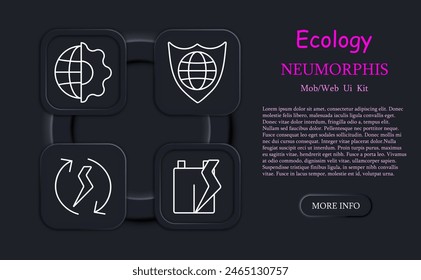Ecology set icon. Package, sprout, neomorphism, plastic recycling, symbiosis of nature and man, earth, moly, cycle, conversion, shield, protecting planet. Environment care concept.