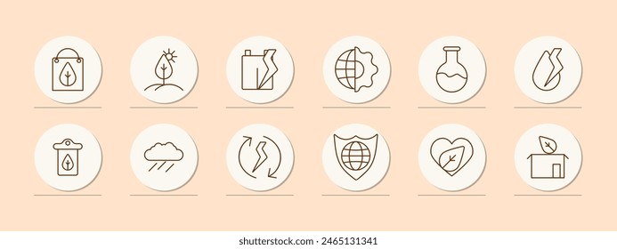 Ecology set icon. Package, sprout, foliage, plastic recycling, symbiosis of nature and man, earth, flask, moly, rain, cycle, conversion, shield, protecting planet, heart. Environment care concept.