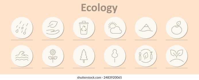 Ecology set icon. Rain, leaf, recycling, weather, mountain, fruit, ocean, flower, tree, plant, nature, growth, environment, eco-friendly.