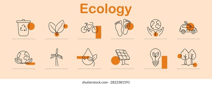 Ecology set icon. Recycled container, botanical leaves, sustainable bicycle, ecological footprint, protected planet, electric transport, environmental care, renewable turbine, organic droplet