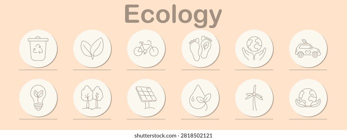 Ecology set icon. Recycling bin, botanical leaf, sustainable bicycle, ecological footprint, renewable electricity, environmental transport, solar panel, water conservation, wind turbine