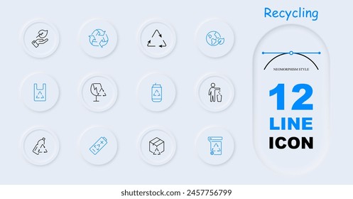 Ecology set icon. Recycling, plastic, reuse, glass, garbage, environmental pollution, bionomics, battery, lithium battery, hand and leaf, bottle, neomorphism. Environment care concept.