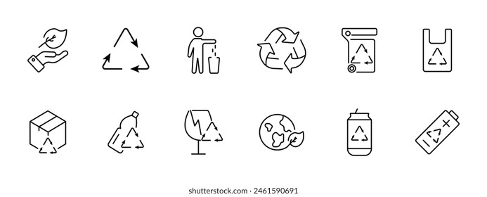 Ecology set icon. Recycling, plastic, reuse, glass, garbage, environmental pollution, bionomics, battery, lithium battery, hand and leaf, bottle. Environment care concept.