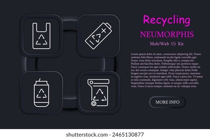 Ecology set icon. Recycling, plastic, reuse, glass, garbage, environmental pollution, bionomics, battery, lithium battery, garbage, neomorphism, bag, soda can. Environment care concept.