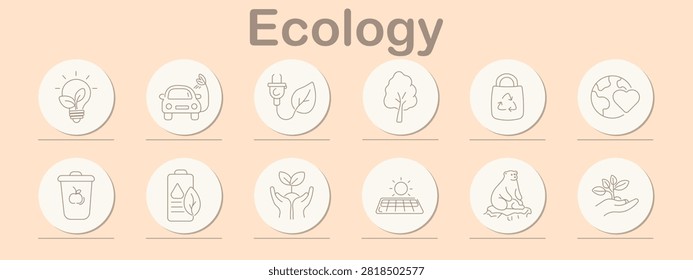 Ecology set icon. Renewable energy, electric automobile, organic power, recycling container, environmental protection, solar technology, wildlife preservation, sustainable lifestyle