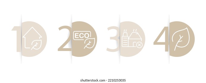 Icono de conjunto de ecología. Casa inteligente, hoja, planta, salvar el planeta, escudo, paz verde, fábrica, producción no basura, procesamiento, producción secundaria. concepto. Escala de tiempo de infografía. Icono de línea de vector